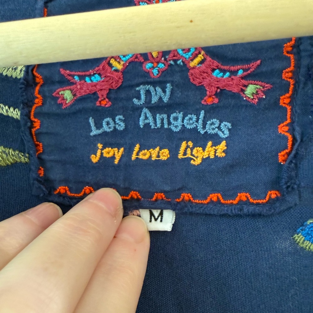 JW Los Angeles Embroidered Floral Boho Dress | Navy Blue V-Neck | Size Medium - Picture 2 of 5